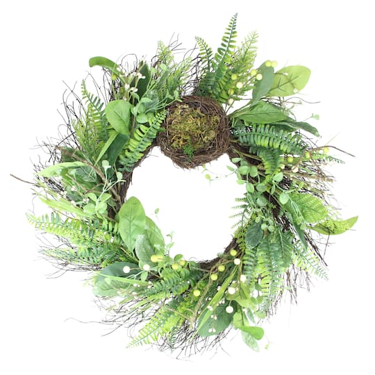 24" Green & Brown Mixed Foliage Artificial Spring Wreath with Nest